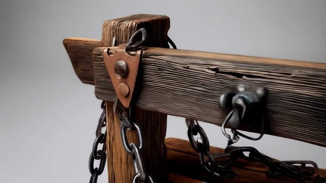 Old wooden pillory with metal chains, an antique restraint device, punishment instrument with weathered timbers and historical interest for justice themed content.