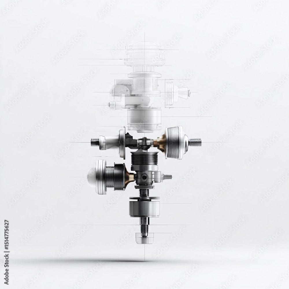 Poster detailed technical illustration featuring an exploded view of a complex mechanism, perfect for engin