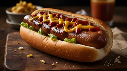 hot dog with mustard, "Ultimate Cheese Dog Delight", "Grilled Perfection: The Cheesy Hot Dog Experience", "A Classic American Bite with a Cheesy Twist", "Hot Dog Heaven: Loaded with Flavor"