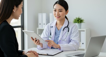 Fototapeta premium Doctor Shows Digital Tablet To Patient In Clinic Consultation Room