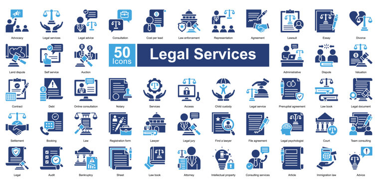 Legal Services icon set contains 50 icons including advocacy, legal services, legal advice, consultation, cost per lead, law enforcement, representation, agreement, simple vector two color style.