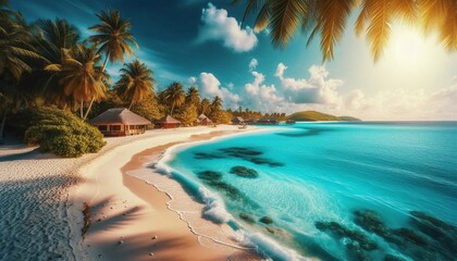 Tropical beach paradise with palm trees, turquoise sea, and white sand under a summer sky
