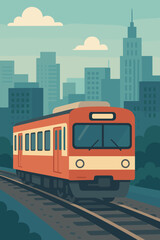 Urban commuter train vector illustration. Cityscape background with modern skyline and clouds. Public transportation concept for daily travel, journey, and commute. Flat design graphic.