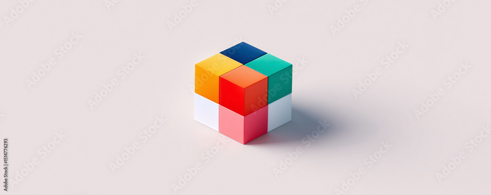 Poster a vibrant cube constructed from colorful blocks. modern, minimalist design suitable for teamwork, co