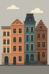 Fototapeta premium Colorful European city houses vector. Timeless urban architecture, flat design. Classic building facades row, Amsterdam style street view. Real estate, property, town concepts, background.