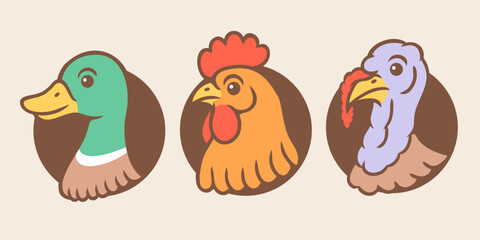 Vector set illustrations of turkey, chicken and duck heads in retro style. Vintage illustrations of turkey, rooster and duck