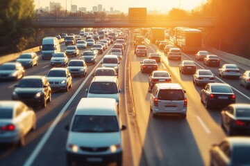 Highway congestion at sunset with heavy traffic and car jam impacting transportation