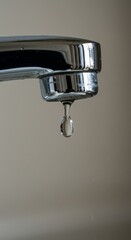 Macro Shot of Water Drop Dripping from Chrome Faucet Plumbing Fixture