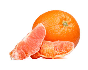 Whole and peeled sweet orange full of vitamins shows the freshness of the fruit on a white background, suitable for fresh food concept or advertisement.