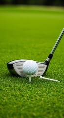 Golf Ball on Tee with Club over Green Lawn Sport Equipment