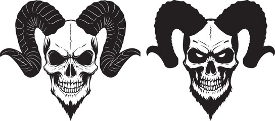 Skull with Horns Illustration - Devil Skull Art - Demon Skull Drawing - Ram Horns Skull Tattoo Design - Evil Skull Graphic - Dark Skull Artwork - Gothic Skull Image - Scary Skull Picture