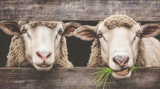 Schafe Lustig Peeking Out Fence &ndash; Curious Sheep Faces Looking Through Rustic Wooden Farm Gate Close-Up