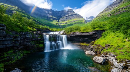 Fototapeta premium Waterfall Splashing into Clear Pool in Mountain Valley