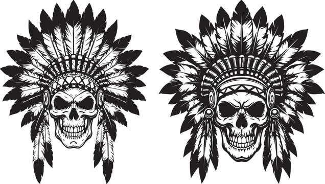 Skull with Native American Headdress | Tribal Feathered Warbonnet | Detailed Illustration of Cultural Symbol in Black & White Design