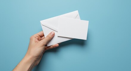 Hand Holding an Envelope Mail Letter and Card on Blue Ground