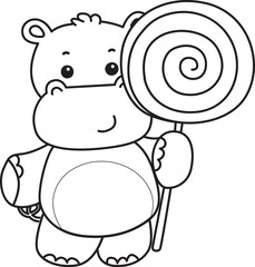 Outline of Cute hippo icon. Lineart of Funny baby hippo animal series stock illustration. life of fluffy hippo designs.