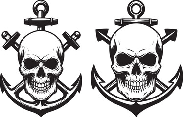 Skull and Anchor Tattoo Design, Pirate Skull Art, Nautical Skeleton Illustration, Marine Skull Emblem, Gothic Skull and Crossbones Graphic, Maritime Tattoo Sketch, Skull and Anchor Drawing