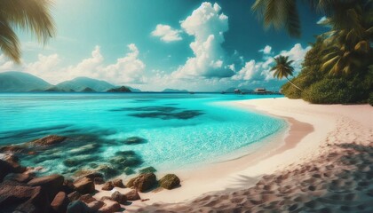 Tropical paradise beach with palm trees, turquoise sea, and blue sky