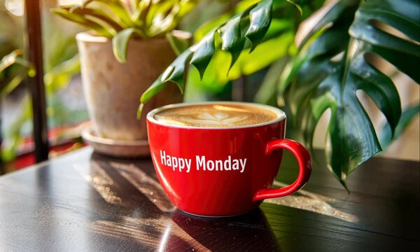 hello monday coffee cup stand on table animation