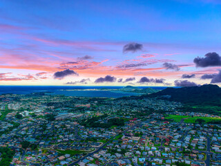 Aerial panoramic views of Waikiki & Mountains Honolulu Hawaii 
