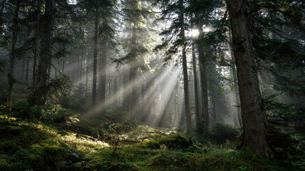 Obraz premium Mystical sunbeams shining through tall trees in an enchanted morning forest with lush green ferns.
