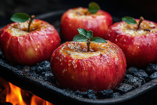 red apples on black plate.