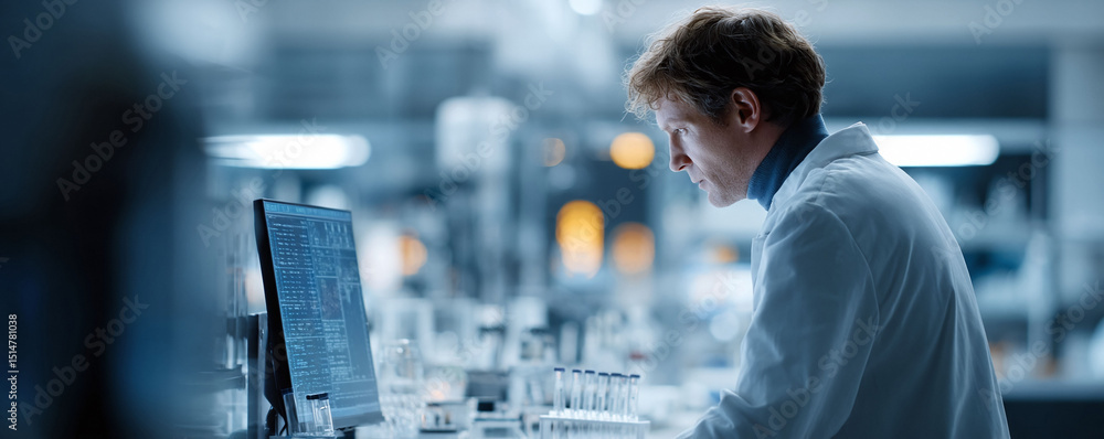 Aufkleber intense focus scientist in lab coat analyzes data on screen in a modern laboratory. represents resea