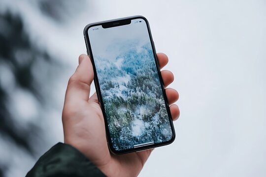 Holding Mobile Phone Displaying Winter Forest Landscape on Screen Outdoors - Powered by Adobe