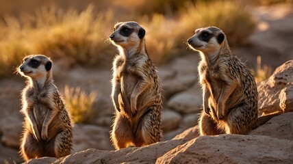 Fototapeta premium Alert Meerkat Group in Golden Savanna