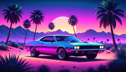 Retro Pixel Art Car Sunset Desert Landscape