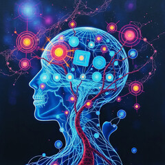 an abstract futuristic and mystical illustration of a human head with glowing neural-like connections and patterns, with luminous lines branching through its interior at dark cosmic background