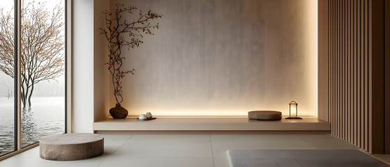 Japanese Style Minimalist Interior Design With Wooden Wall And Natural Light