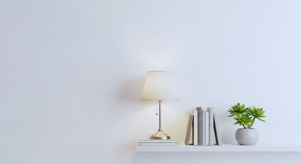  Lamp, books and succulent plant on the shelf against empty wall mockup


