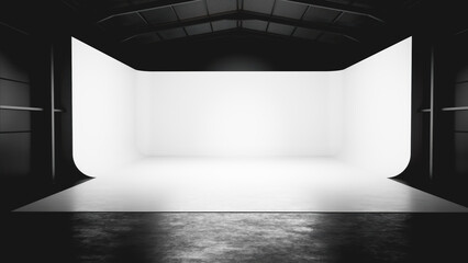 Empty photo studio setup with white cyclorama and concrete floor, ideal for photography and videography projects © Photocreo Bednarek