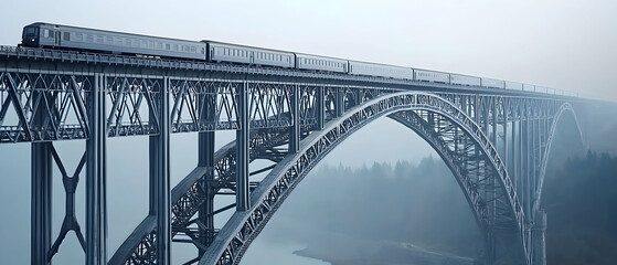 Fototapeta premium Steel Bridge With Train In Fog