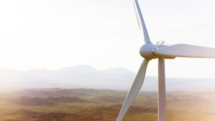 Wind turbine rotating and generating clean energy in a vast, mountainous landscape under a clear sky