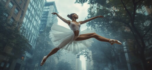 Ballerina's ethereal leap: A dance of urban grace and timeless beauty