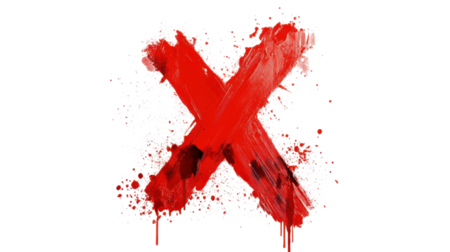 Red Spray Stain in the Shape of Letter X with Grunge Texture Isolated on White Background