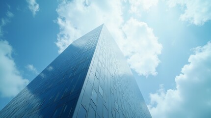 Looking up at a modern, glass-faced skyscraper against a bright blue sky with white clouds. The low-angle view emphasizes height and scale. Reflections shimmer on the surface. Ideal for themes like bu