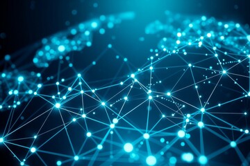 Abstract glowing blue network connections on a dark background, symbolizing global data, communication, AI, big data, or the future of technology. This modern, dynamic visual is perfect for tech, scie
