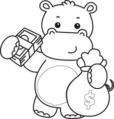 Naklejka premium Outline of Cute hippo icon. Coloring page of Funny baby hippo animal series stock illustration. life of fluffy hippo designs.