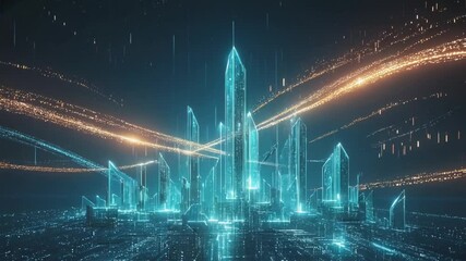 Abstract digital metropolis flowing quantum light data nodes, glowing neon filaments waves, seamless loop, dark elegant cinematic lighting, bokeh particles stars, 4K sci-fi neural network aesthetic - Powered by Adobe