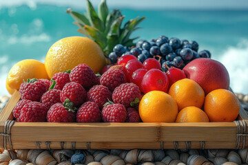 Basket of assorted fruit on table.