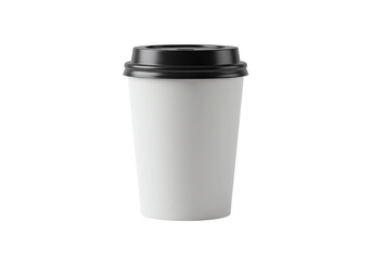Disposable coffee cup with black lid, upright, isolated on white background, shadowless, ideal for branding or packaging design