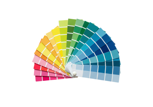 Color swatches fan layout, flat lay, isolated on white background, no shadows, ideal for palette and branding design