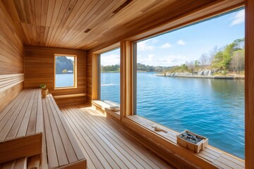 Obraz na płótnie Canvas Empty modern sauna room overlooking tranquil ocean view