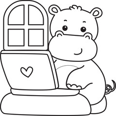 Outline of Cute hippo icon. Coloring page of Funny baby hippo animal series stock illustration. life of fluffy hippo designs.