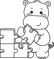 Outline of Cute hippo icon. Coloring page of Funny baby hippo animal series stock illustration. life of fluffy hippo designs.