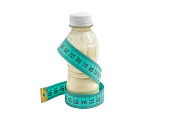 white bottle of yogurt wrapped in blue tape measure in centimete