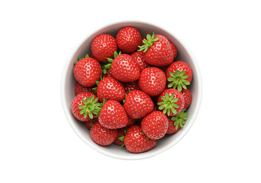 White ceramic bowl filled with fresh strawberries, top-down angle, isolated on seamless white background with no shadows